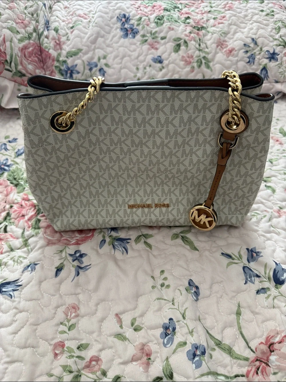 Michael Kors Cream MK Logo Tote with Gold Hardware